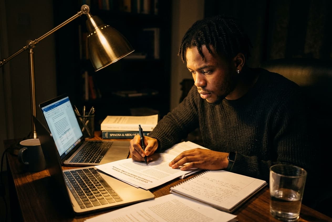 Nigerian postgraduate student researching at night