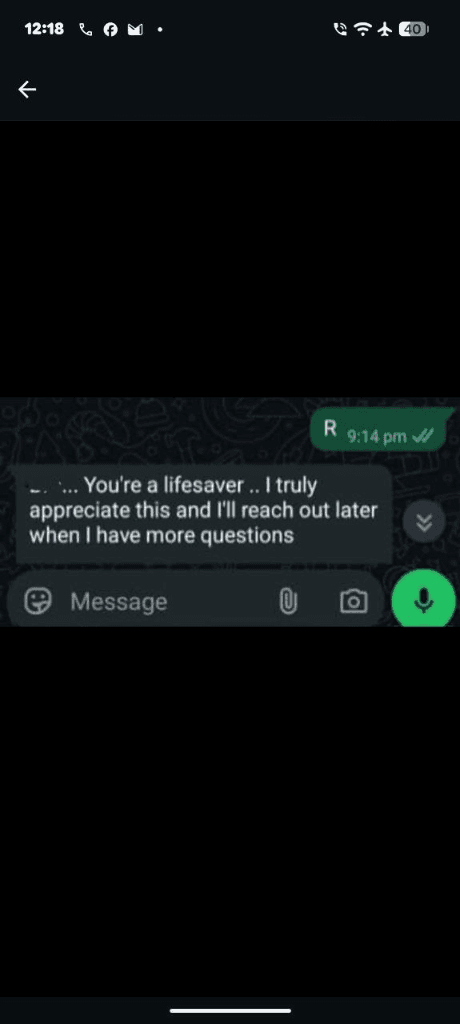 WhatsApp testimonial — client: You're a lifesaver. I truly appreciate this.